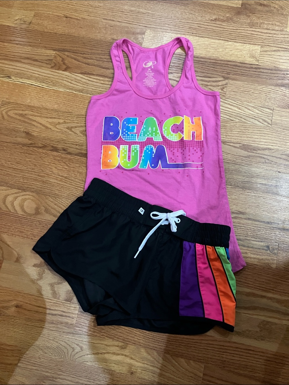OP Pink Tank with ‘BEACH BUM' Graphic and Black Shorty Shorts Sz 7-9 EUC